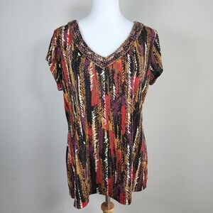 Liz Claiborne Shirt Womens Large Fall‎ Crochet Neck Embroidery Tee Top Boho Art